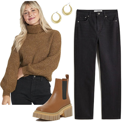 Cozy Thanksgiving Outfit: black jeans, turtleneck sweater, hoop earrings and brown ankle boots