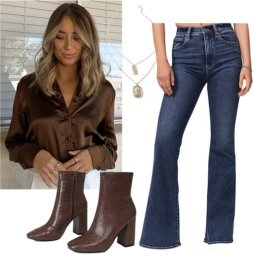 Family Thanksgiving Outfit: dark wash flared jeans, brown satin button down shirt, layered gold necklace and brown ankle booties