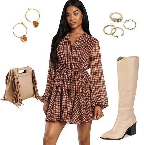 Festive Thanksgiving Outfit: plaid mini dress, tan knee high boots, gold rings and earrings, and a fringe handbag