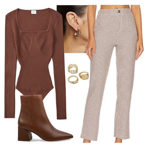 Cute Thanksgiving Outfit: brown plaid pants, square neck sweater bodysuit, gold hoop earrings and rings and brown ankle booties