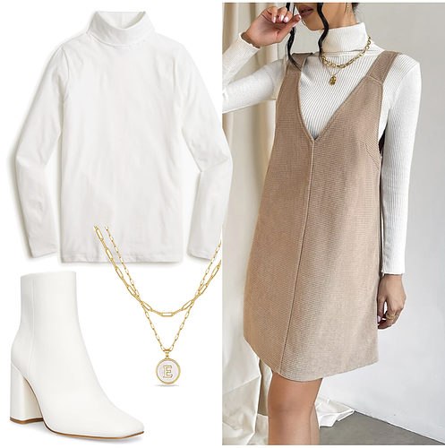 Girly Thanksgiving Outfit: white turtleneck top, shift dress, layered gold necklace and white ankle booties