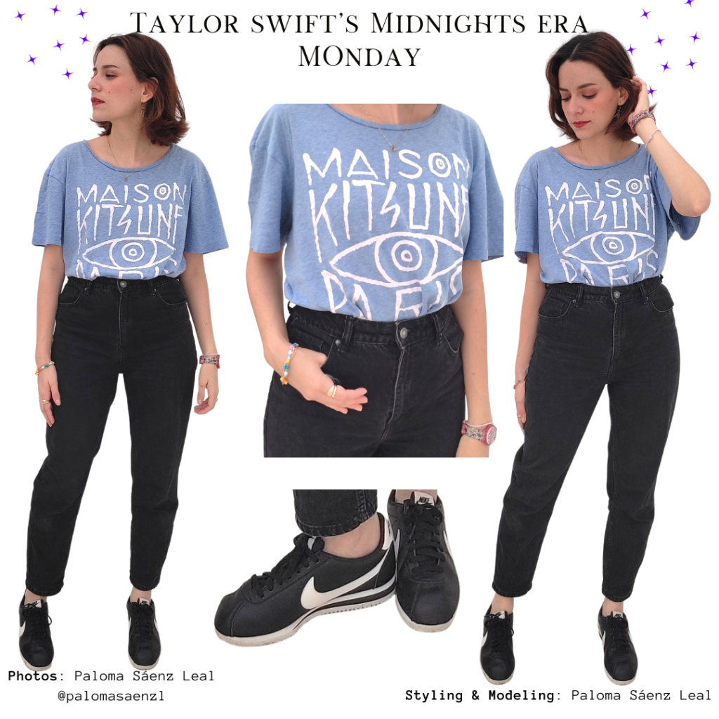 Taylor Swift Midnights Style Outfit Blue T-shirt, white graphic, black mom jeans, black Nike cortez sneakers.
