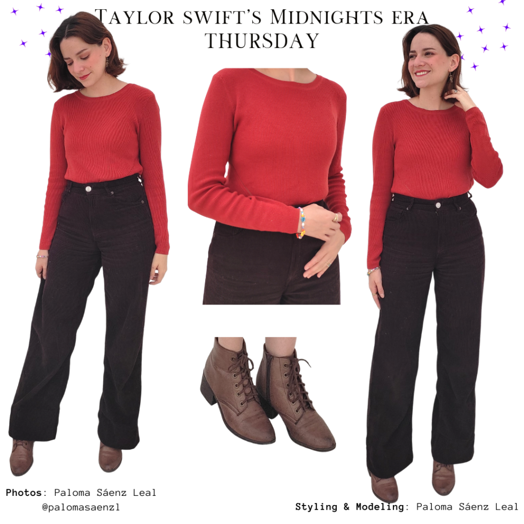Taylor Swift Midnights Style Outfit Orange knit sweater, brown corduroy pants, brown lace up booties