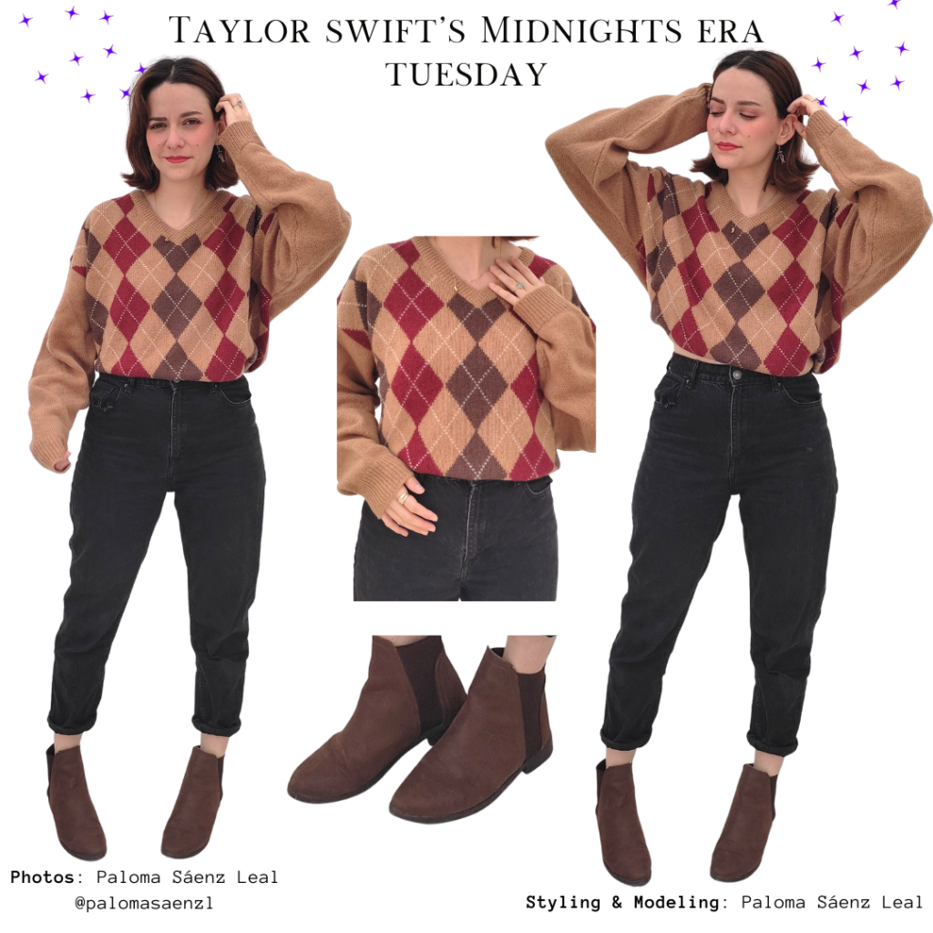 Taylor Swift Midnights Style Outfit brown and tan argyle sweater, black mom jeans, brown chelsea boots