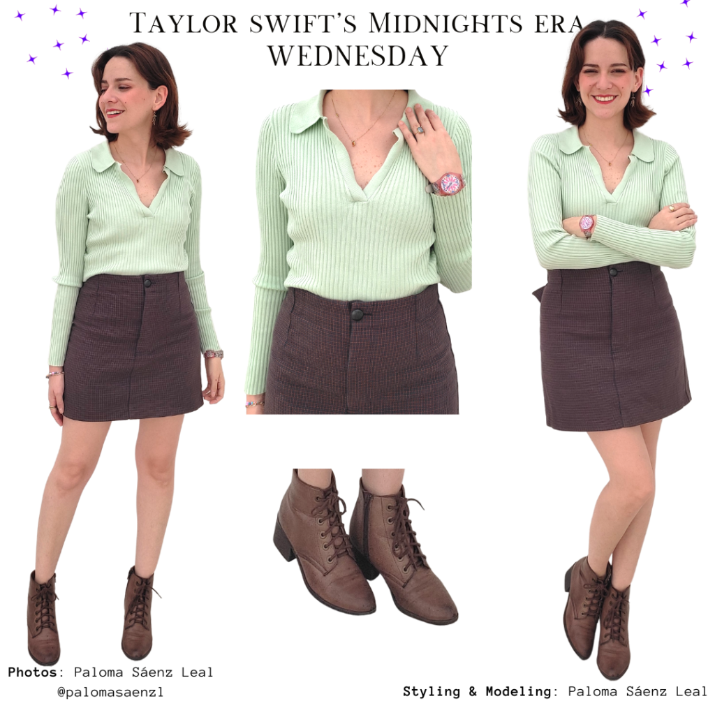 Taylor Swift Midnights Style Outfit Green knitted polo shirt, brown mini skirt, brown lace up booties.