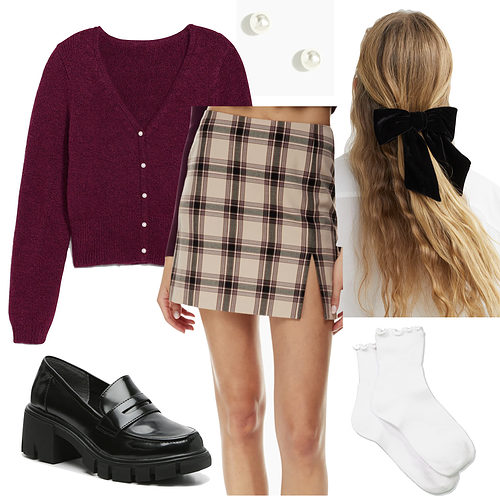 Preppy Thanksgiving Outfit: plaid mini skirt, cardigan sweater, hair bow clip, black loafers and white frill crew socks