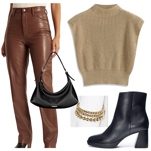 Trendy Thanksgiving Outfit: brown faux leather pants, tan sweater vest top, black handbag, gold beaded bracelets and black platform ankle boots