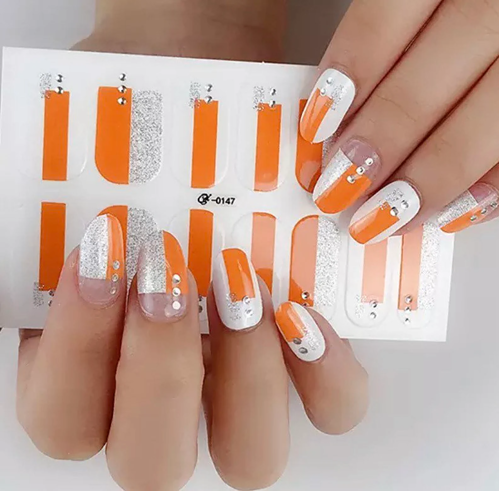 Orange, white and silver abstract geometric nail wraps