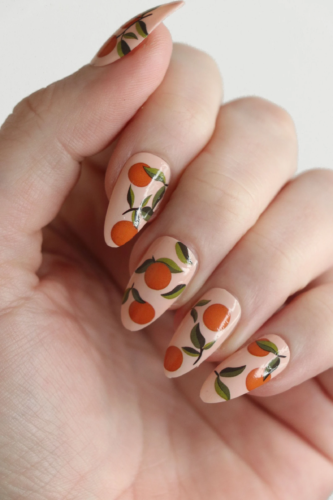 Short nails with oranges nail decals