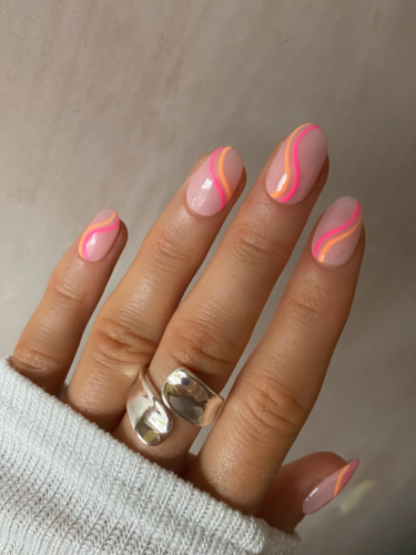 Pink and orange swirl short nails