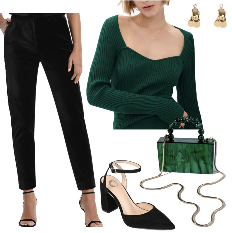 Try a black and emerald green color scheme, together with plush materials like velvet and rib knit, for a stylish Christmas outfit.