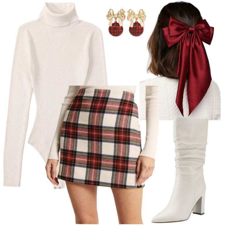 Wear a traditional plaid miniskirt in red, white, and green for a festive look this Christmas.