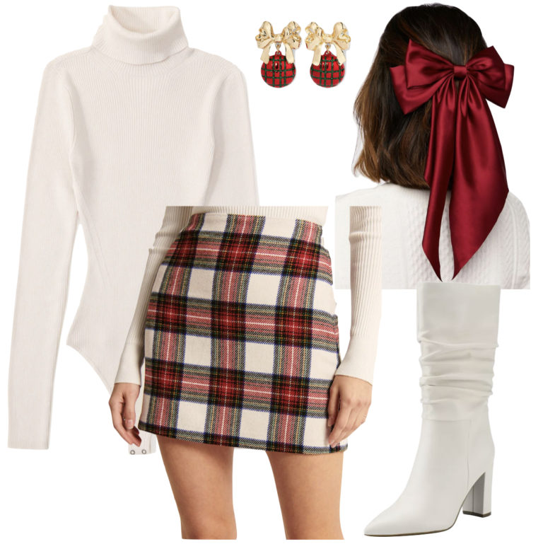 Adorable Christmas Outfit Wear a traditional plaid miniskirt in red, white, and green for a festive look this Christmas.