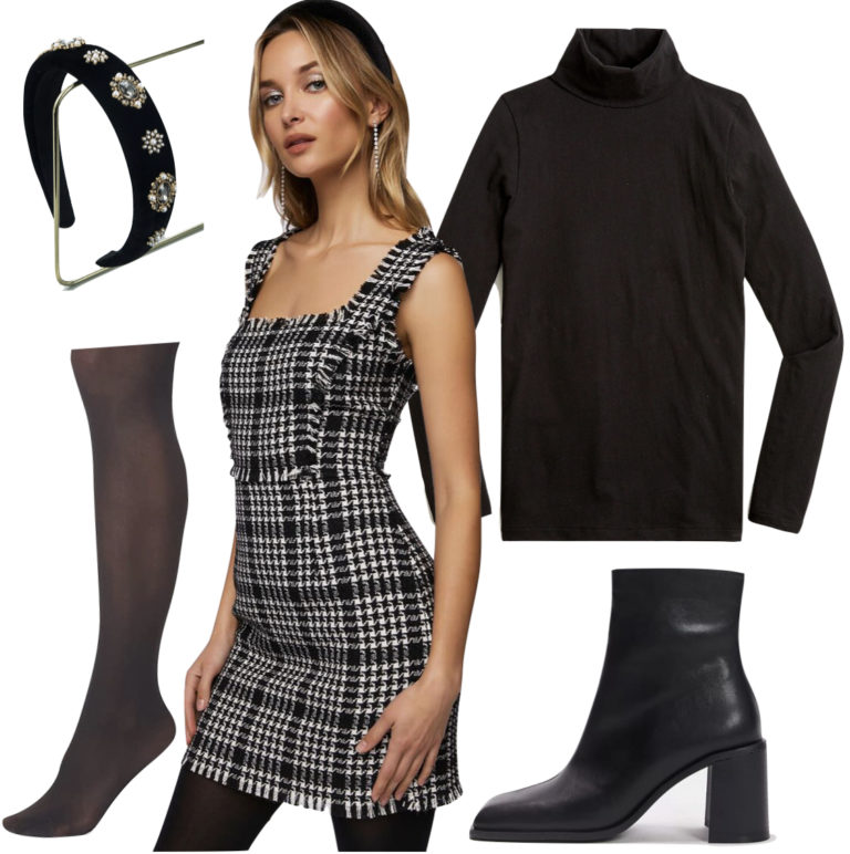 Wear a chic black and white houndstooth tweed dress over a thin black turtleneck top to celebrate Hanukkah in style.