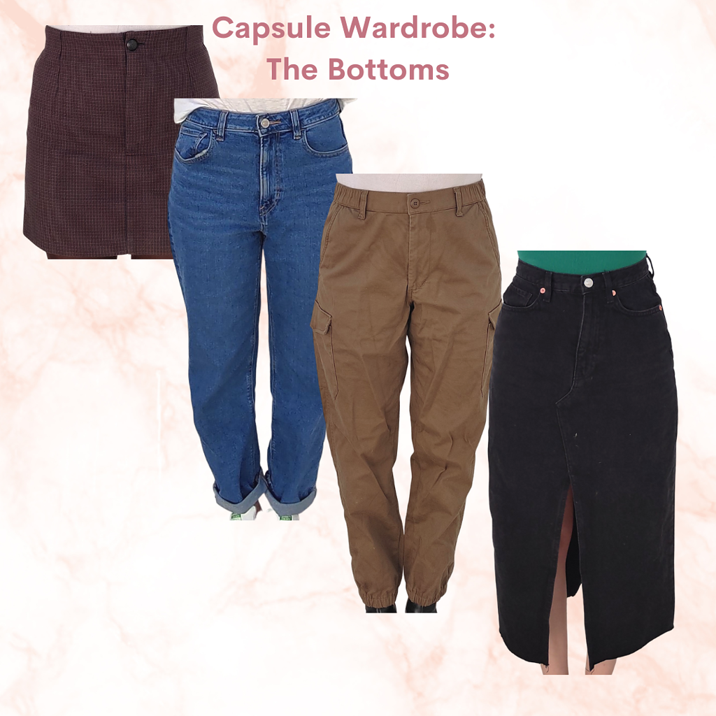 Capsule wardrobe bottoms. Brown plaid skirt, blue denim jeans, military green cargo pants, black denim midi skirt. 