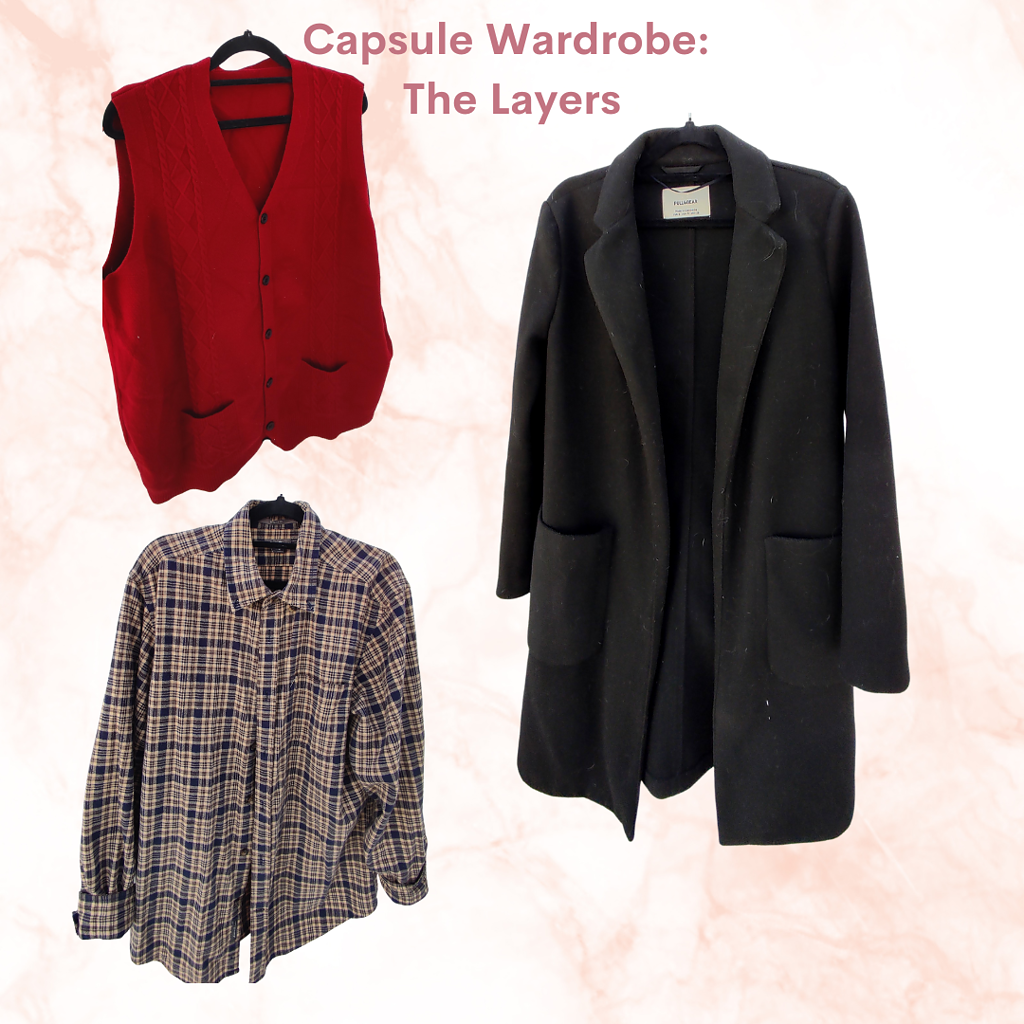 Capsule wardrobe layers. Knit red vest, beige flannel shirt, black wool coat.