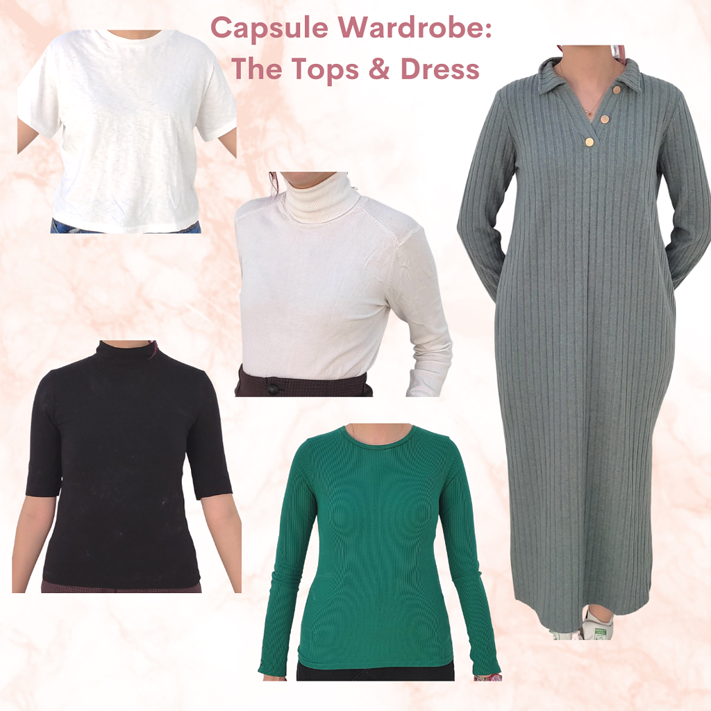 Capsule wardrobe tops and dress. White t shirt, white turtleneck shirt, black turtleneck shirt, green long sleeve shirt, green knit long dress. 