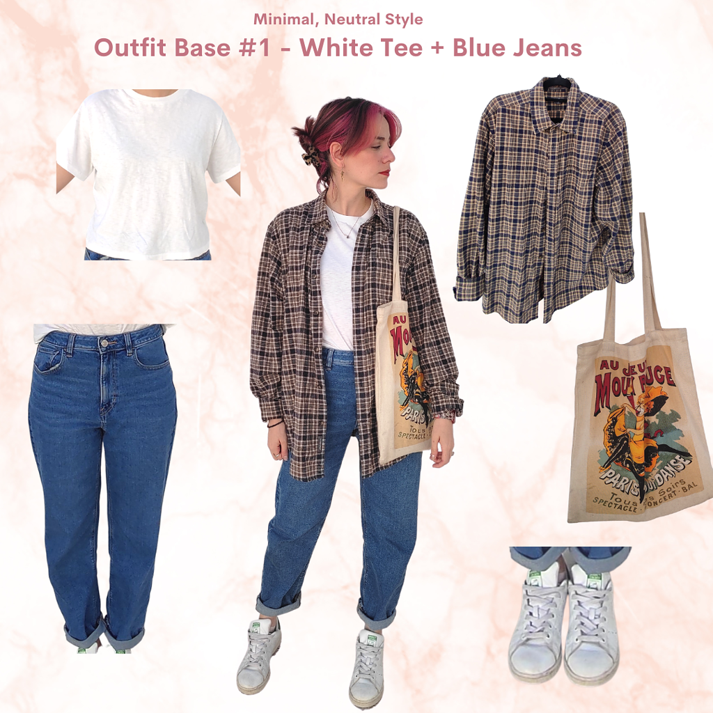Minimalist neutral Outfit #1: white t shirt, blue denim jeans, beige flannel shirt, white sneakers, canvas tote bag. 
