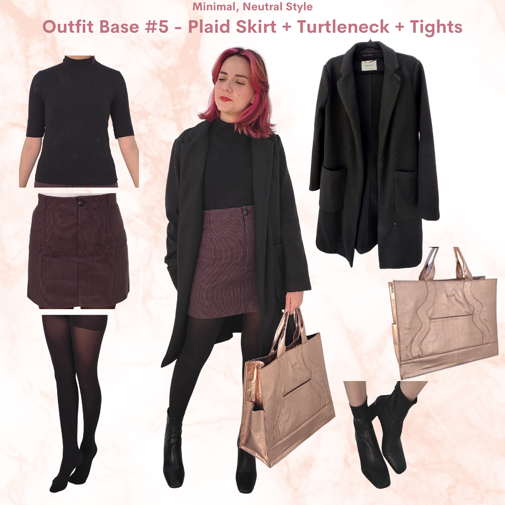 Minimalist neutral Outfit #10: black turtleneck, brown plaid skirt, rose gold tote bag, black sock booties, black tights