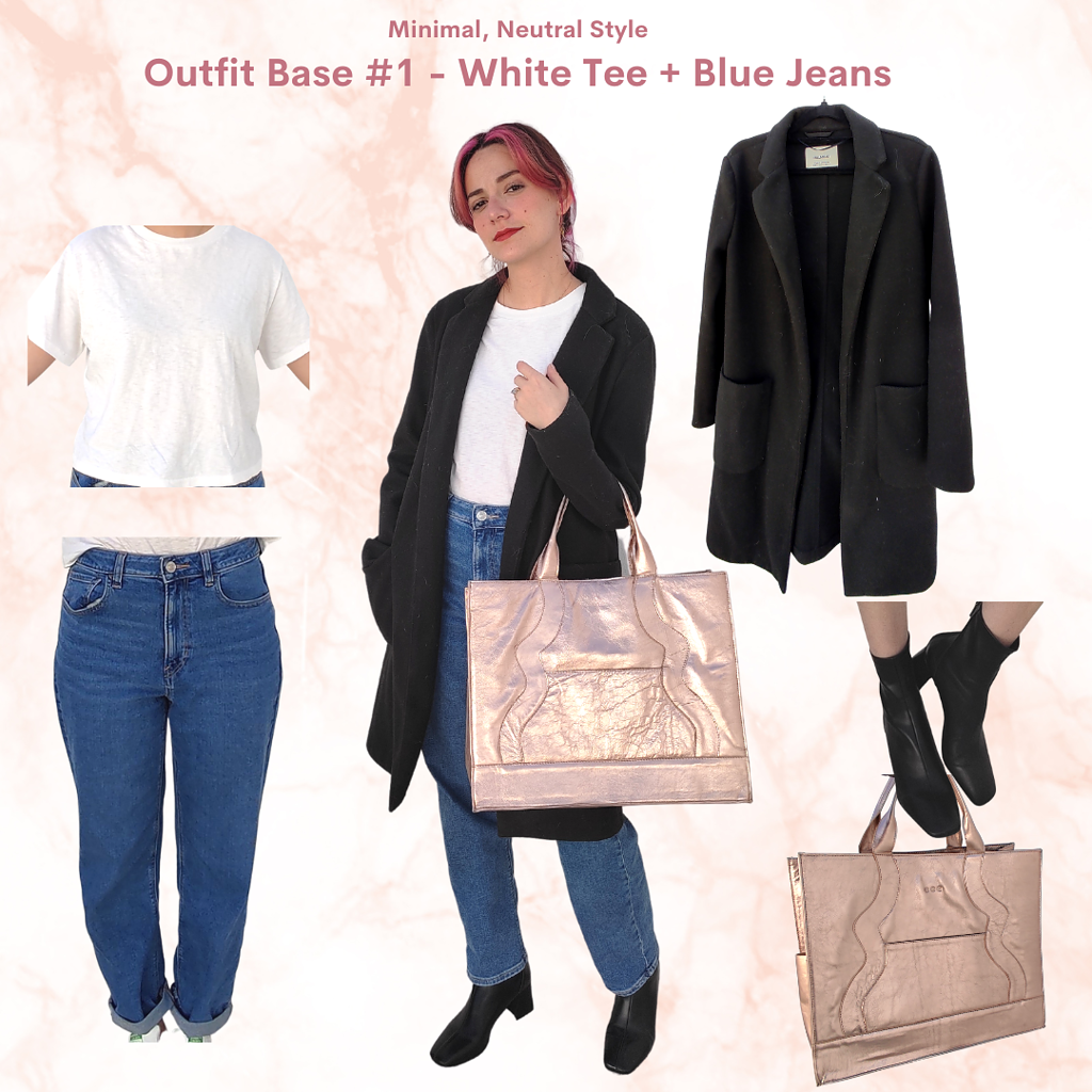 Minimalist neutral Outfit #2: white t shirt, blue denim jeans, black wool coat, rose gold tote, black sock booties