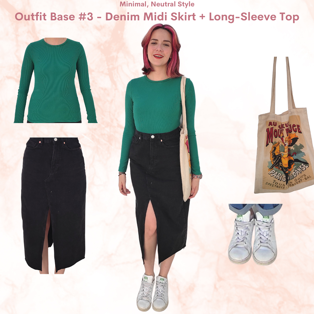Minimalist neutral Outfit #5: green long sleeve shirt, black midi skirt, white sneakers, canvas tote bag