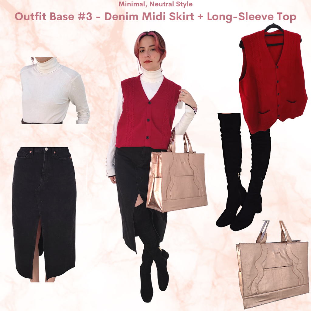 Minimalist neutral Outfit #6: white turtleneck shirt, black midi skirt, black sock booties, red knit vest, rose gold tote bag, black over the knee boots
