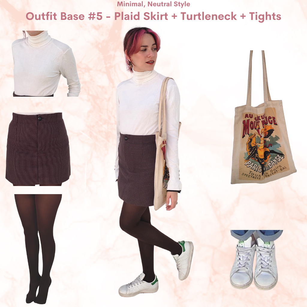 Minimalist neutral Outfit #9: white turtleneck, brown plaid skirt, canvas tote bag, white sneakers, brown tights