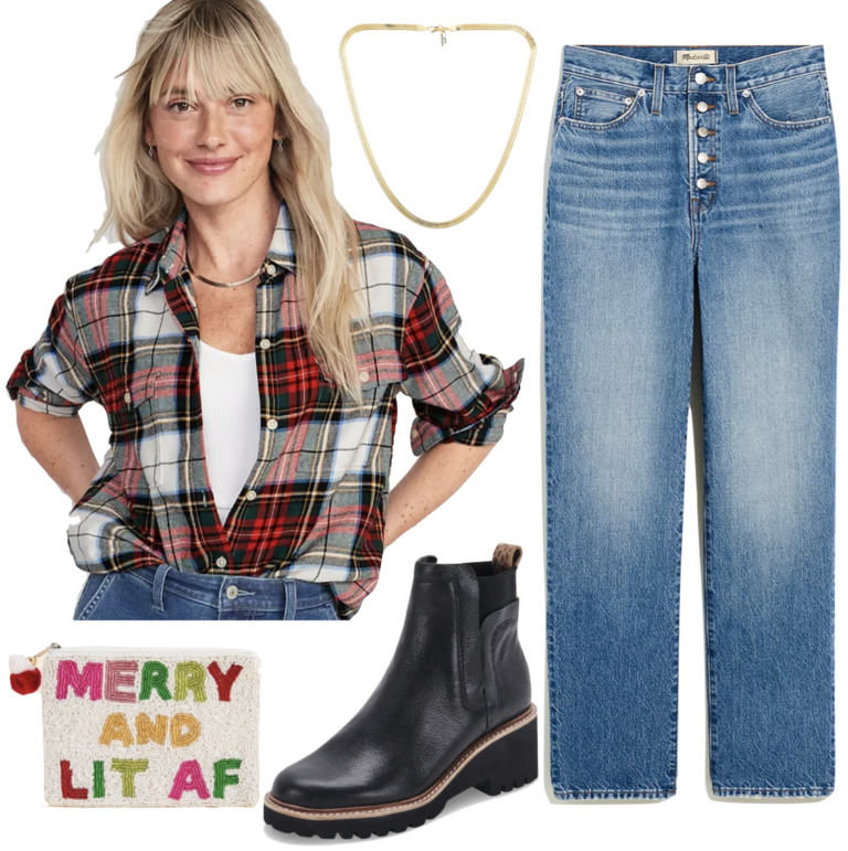Want to look put together this Christmas but don't feel like making a big effort with your outfit? Try this easy, relaxed, yet adorable Christmas wardrobe suggestion that consists of a checkered shirt and jeans.