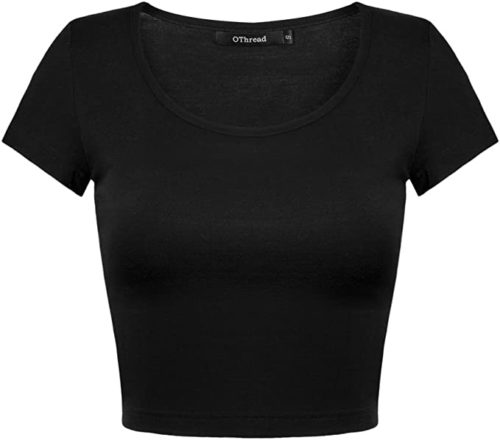 picture of tight fitting black scoop neck crop top with short sleeves that is solid