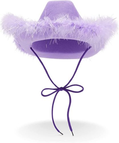picture of purple cowboy hat with purple and metallic fuzzy feathers on the brim and a dark purple bow neck strap