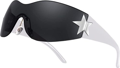 pair of sunglasses that are shields and y2k with stars on the sides and the hardware is white plastic and silver 