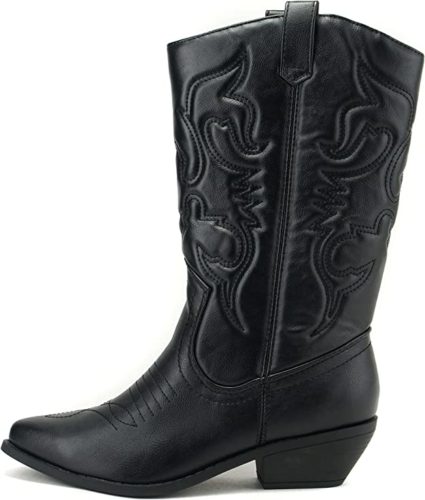 picture of leather like cowboy boots with styled imprints, knee length