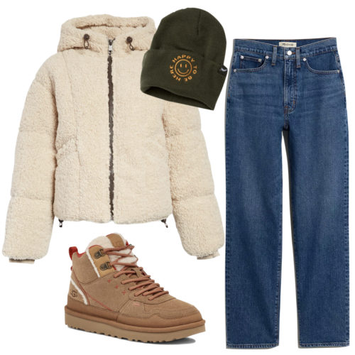 How to Wear Uggs in 2023: Winter Outfit with Ugg Highland Hi Heritage Sneaker Boots and a puffer jacket