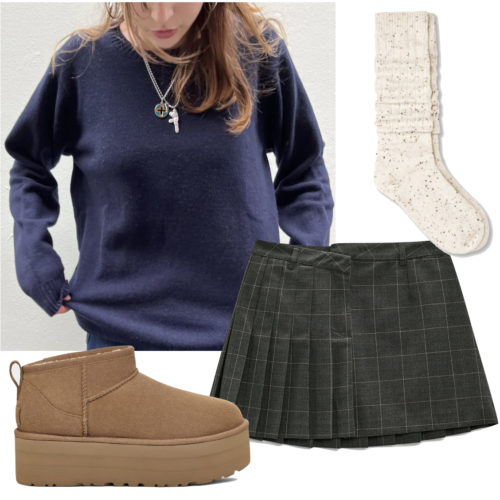 How to Wear Uggs in 2023: Preppy Outfit with Ugg Classic Ultra Mini Platform Boots with a sweater and pleated mini skirt