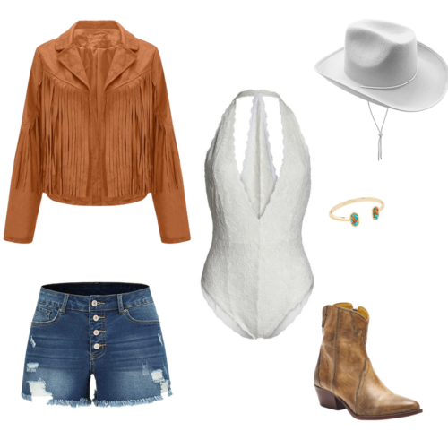 Outfit Layout with a light brown fringe jacket, high waisted medium wash jean shorts with rips and button closure, distressed ankle western/cowboy boots, a lace halter nexk white bodysuit, white plain cowboy hat, and gold cuff bracelet with jade and orange stones on the end