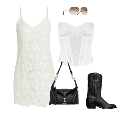 outfit lay out feauturing a white lace dress with spaghetti straps, a black leather bag with a unique silver closure on the front, black cowboy bots, a white satin corset that is strapless, and chanel pilot sunglasses with brown lenses