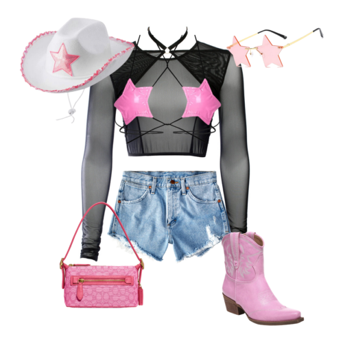 outfit layout woth a white cowboy hat with a pink star made out of sequins on it, a mesh crop top with a choker, a pink vinyl bar with stars that is very strappy, pink star-shaped sunglasses with gold metal hardware, light wash denim cutoffs, pink ankle cowboy boots with white stitching and darker colored wooden heels, and a hot pink rectangle shaped coach shoulder bag
