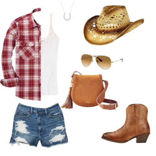 picture of outfit layout with a red, white, pink, and brown flannel, white lace and cotton stretch cami tank top, irregular jean short cutoffs, caramel light brown ankle cowboy boots, a western style equestrian crossbody bag, brown ray ban aviators, a straw distressed cowboy hat, and a diamond horseshoe necklace