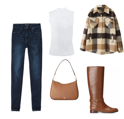 outfit layout with dark wash skinny jeans, a white turtleneck tank top, an oversized flannel jacket with neutral colors such as brown and cream and white plastic buttons with two pockets, a brown leather shoulder bag with a small 