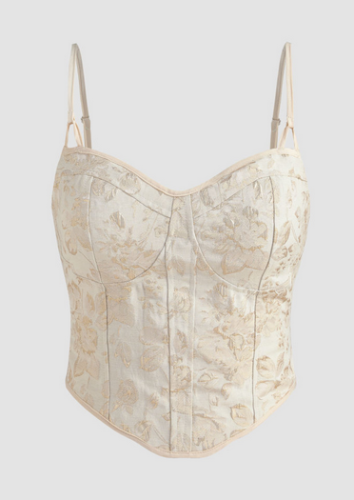 picture of off-white corset with spaghetti straps with darker colored sepia floral detailing