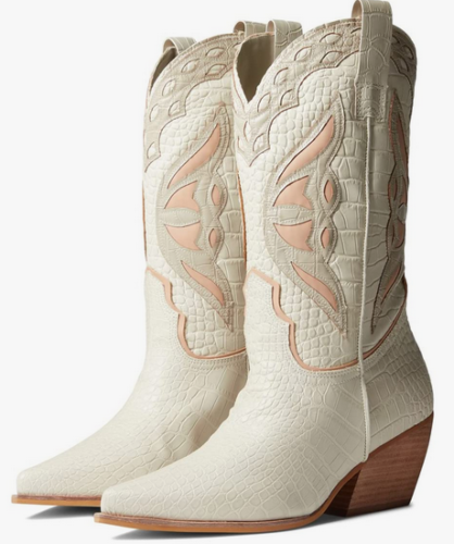 picture of off white cowboy boots with a neutral butterfly motig and imprinted leather with a ligjt colored wooden block heel