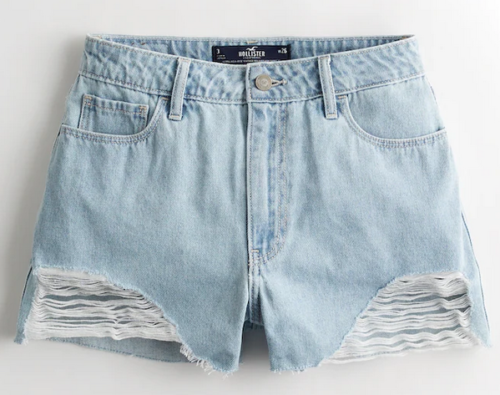 pair of jean shorts from hollister that are high rise and light wash mom shorts with distress rips in the front