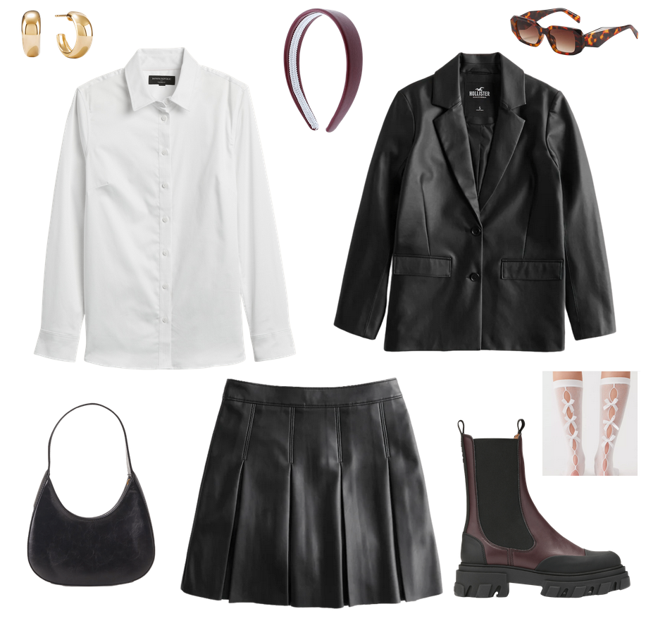 outfit board containing small chunky gold hoop earrings, a womens white buttown down, a hollister black leather blazer, tortoise shell irregular sunglasses that are inspired by Prada, a black leather distressed shoulder bag shaped like the Prada Cleo, a leather pleated skirt, burgundy Ganni chelsea boots, and white bow socks that are coquette aesthetic from Urban Outfitters, and a burgundy faux leather headband