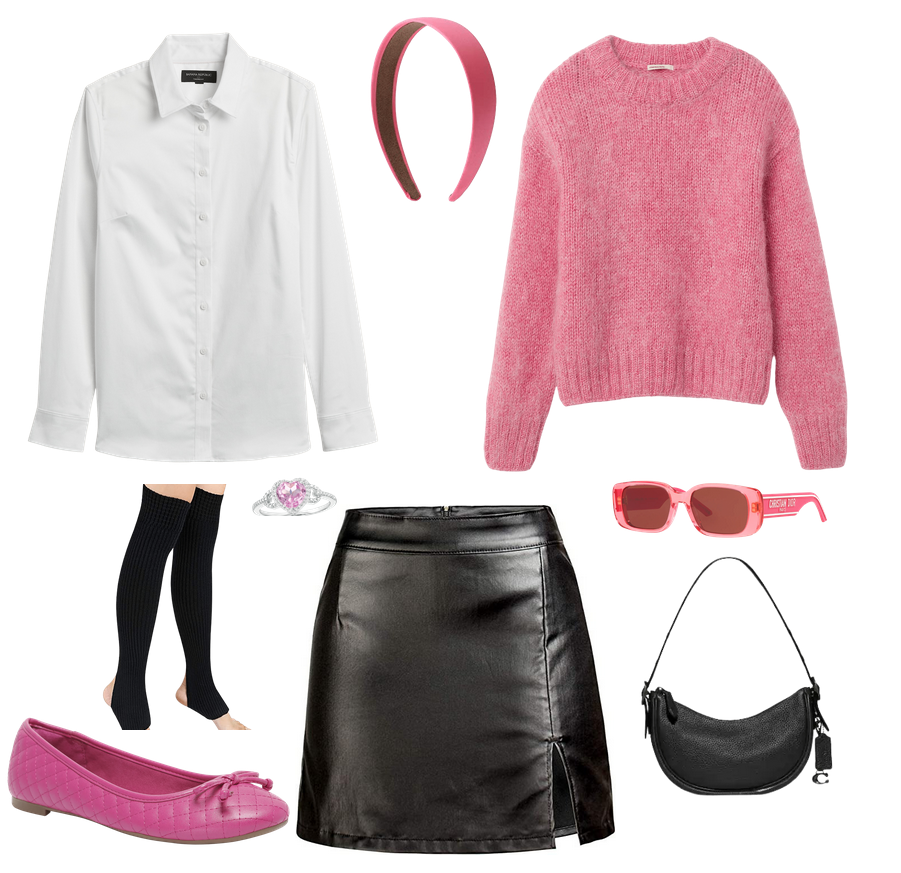 outfit board containing a white button down for women, a satin like pink headband, a pink fuzzy wool blend seater, stirrup black leg warmers, a white gold ring with a lab simulated pink heart shaped sapphire,a shiny leather bodycon slit skirt, a coach shoulder bag, pink dior sunglasses that are clear acrylic plastic, and quilted dark pink ballet flats. The outfit is inspired by the 1980s, barbiecore, and balletcore