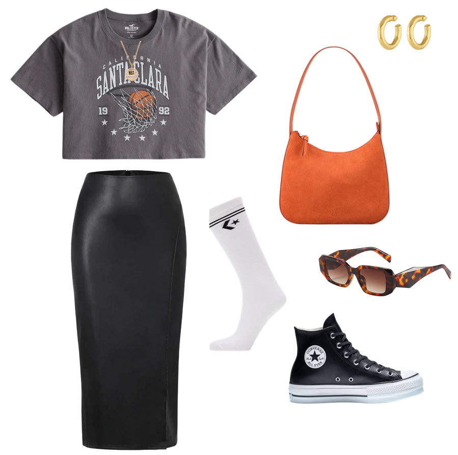 outfit board containing a hollister crop top that is oversized and short sleeved reading "california santa clara 1992" with a basketball, basketball hoop, and stars, a shiny midi bodycon leather skirt, a baublebar x nba gold necklace with a gold basketball that says NBA on it, a frame soft burnt orange shoulder bag, white crew socks with the converse logo and stripes, coated leather high top converse sneakers, prada inspired irregular tortoise shell sunglasses, and brushed gold hoop earrings that are thick. Outfit would be good for NBA/Basketball game, is sporty