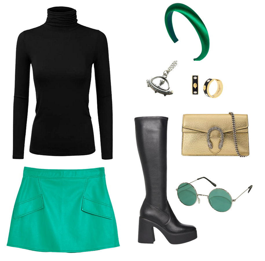 outfit board containing a long sleeved black turtleneck for women, a bright green mini skirt with two pockets that is leather and fits the mod aesthetic, steve madden platform black leather gogo boots, round sunglasses with gold metal and green lenses, a gucci dionysus super mini bag in gold leather, kurt geiger vintage looking earrings that are gold, black, bird head, and cubic zirconia like stone, a necklace containing a UFO and alien that reads 'I want to believe' and is silver, and a satin emerald green headband. Outfit is very 1960s inspired including inspiration from andre courreges, mod, retrofuturism, and mid century modern