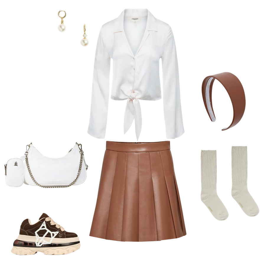 outfit board containing pearl drop earrings on gold metal from J Crew factory, a tie front white button down blouse that is l'agence that looks like it is silk, a satin like 2 inch thick brown headband, skims oatmeal colored scrunch socks, a brown pleated leather skirt from aritzia, naked wolfe brown platform sneakers with their logo, and a white nylon crossbody bag from steve madden that looks like the Prada re edition. Outfit is edgy and preppy. 