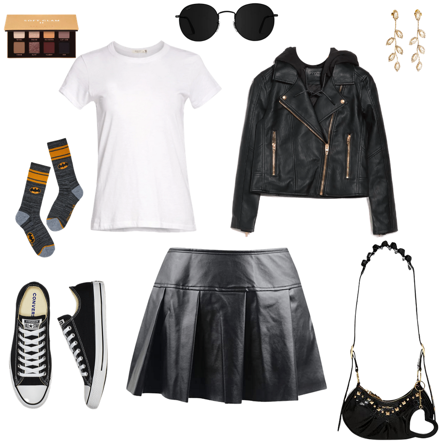 Outfit board featuringAnastasia soft glam II palette, good for smokey eyeround black sunglassesfern drop earrings with gold tone and crystal, very bohoa plain white t shirt for women that is rag and bonea BLANKNYC hooded faux leather biker jacket with gold hardwarehot topic batman crewsocks that are two shades of heathered gay and feature yellow colorblock stripes and the classic black and gold batman logoblack low top converse with white rubbera black leather mini skirt with pleats and thick waistbandbetsey johnson mirror mirror bag which is a shoudler bag with a heart mirror and gold hardware inspired by the cagole and neo city bagsindie sleazerockstar girlfriendbohotrend forecast