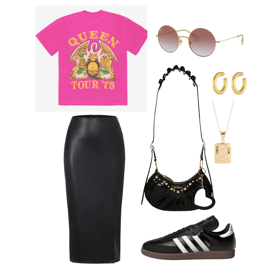 outfit board containinga pink Queen baby tee for women from hot topic that is hot pink feauting a pink version of the band's logo that reads "queen tour '75"ray ban round sungalsses with gold metal, clear ear pieces, and pink to purple sunset lenseschunky gold hoop earringsbetsey johnson mirror mirror baginitial pendant from bracha that is rectangular and textured and gold and has the letter "C" on it in capital lettersa black shiny midi bodycon leather skirtblack adidas sambas
