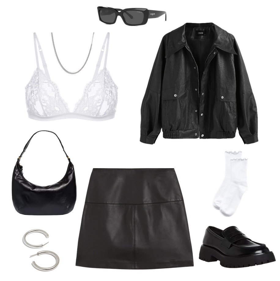 outfit board containing
trendy black rectangle sunglasses from vogue eyewear x hailey bieber
a silver simple small cuban chain necklace
a white la perla bralette from their bridal collection
a black faux leather shacket blazer with two pockets and silver buttons
ted baker tight mini skirt that is real leather
a puffy black shoulder bag
not skinny but not super thick silver brushed hoops
black steve madden loafers that are sort of chunky, very inspired by Prada
white socks that go above the ankles with subtle ruffles on the top 
